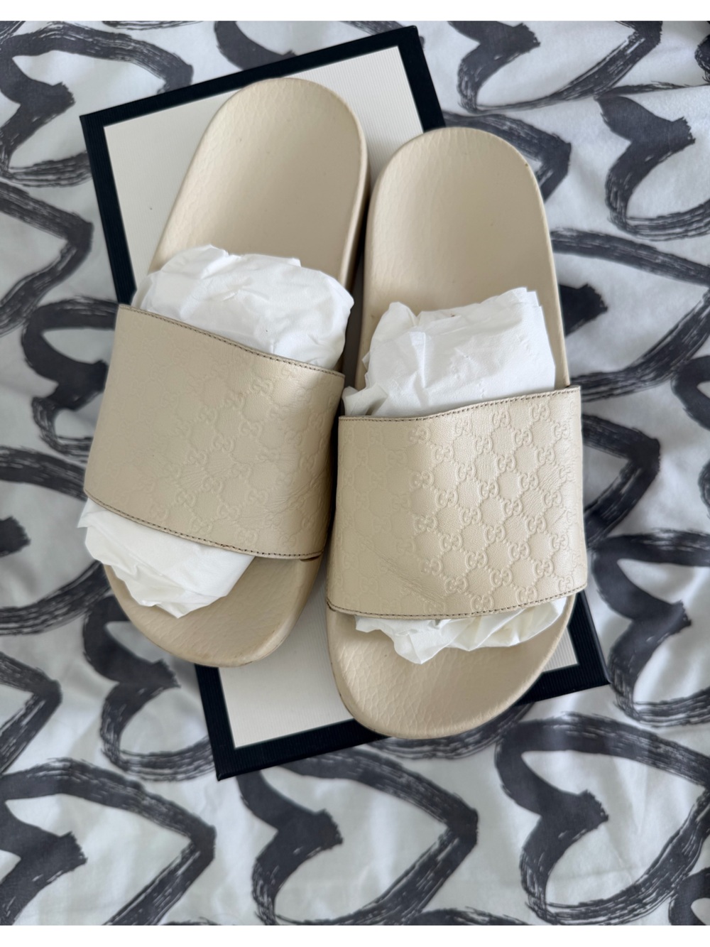 Gucci Beige Embossed Leather Slide Sandals